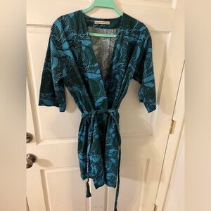 Modern Kimono Green Blue Whale Print Cotton Robe